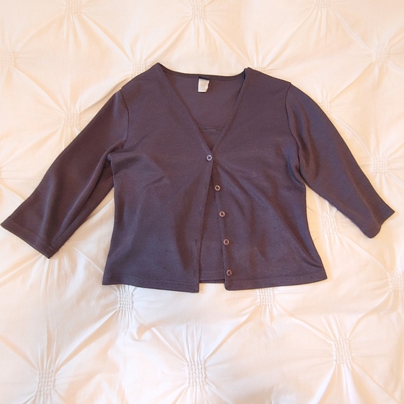 Whisper Y2k slate grey stretchy button down cardigan & cropped tank set. Size L - Picture 3 of 14